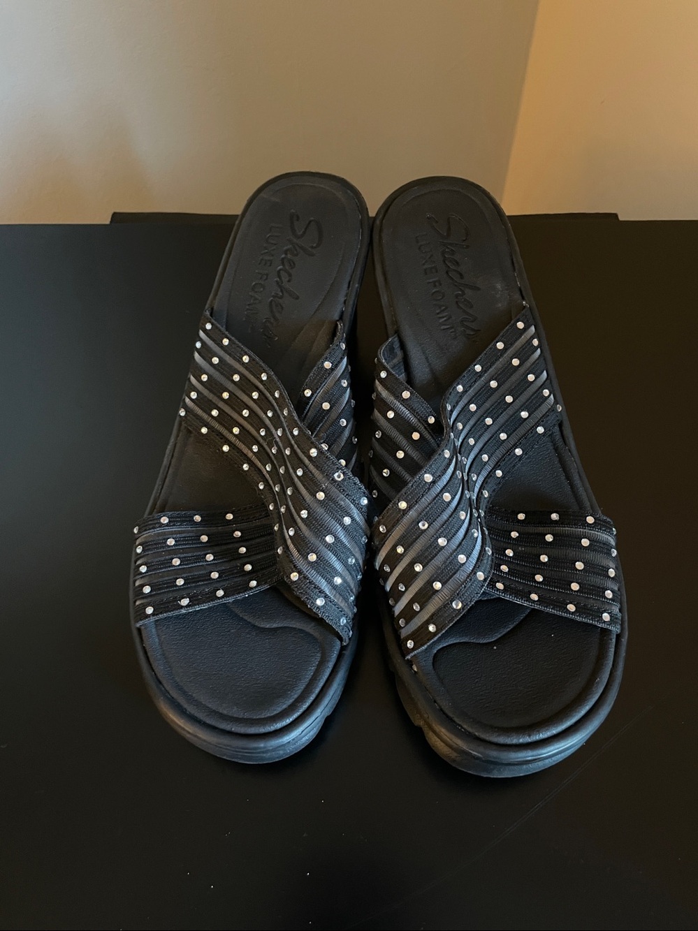 Sketchers Black Studded mesh  Crisscross Slide Sandals